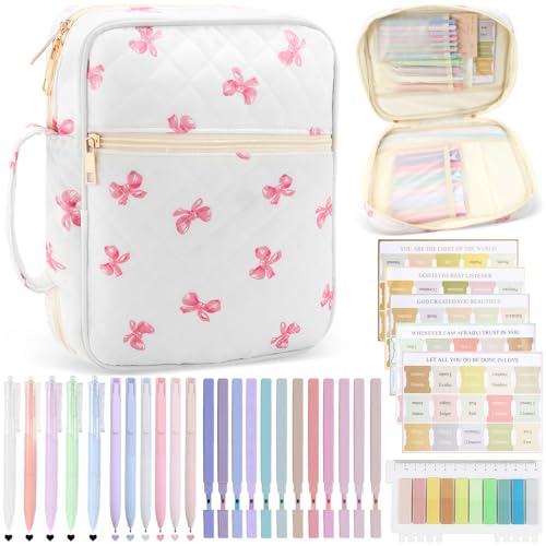 Bible Cover Case Study Supplies for Women Gifts Large Bible Cover with Highlighters Pens Tabs Cute Quilted Carrying Case Journal Kit Accessories Christian Gifts Sticky Notes C - color: Bc