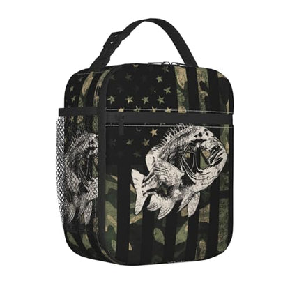 Fishing Camouflage American Flag Bass Lunch Box, Portable Insulated Lunch Bag with Detachable Handle,Reusable Lunchbox for Boys Girls Men Women Adults - color: Fishing Camouflage