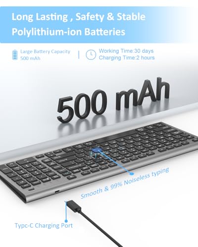 FENIFOX Wireless Keyboard, Bluetooth & 2.4G USB & USB-C Rechargeable Silent Ultra Quiet Low Profile Compact Full Size with Number Pad Soft Multi Device for Mac MacBook Windows PC - Black & Grey - color: Black Gray