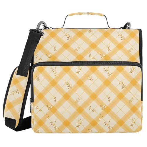 Plaid Floral Zipper Binder 3 Ring Binder with Zipper 1.5 Inch Shoulder Strap & Handle Binders Organizer Bag Amber Green - color: Amber Green