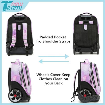 NEW TILAMI 19 Inch Rolling Backpack with Lunch Bag for Girls Boys Wheeled Laptop Backpack Durable Carry-on Bag School Travel, Evening Butterfly - color: Purple Evening Butterfly