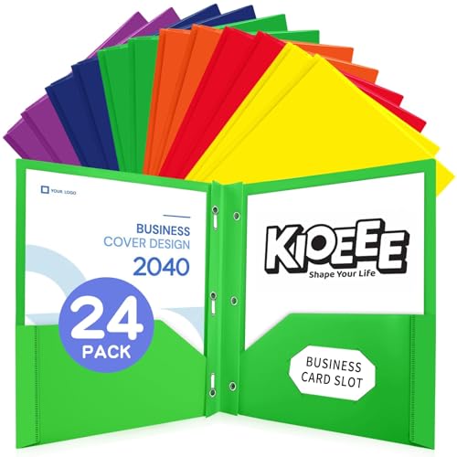 24 Pcs Plastic Folders with Pockets and Prongs (Multi-Colored),Letter Size,Business Card Slot,Bulk 2-Pocket Folder for School Office or Home,Durable Acid-Free Poly,Back to School Supplies