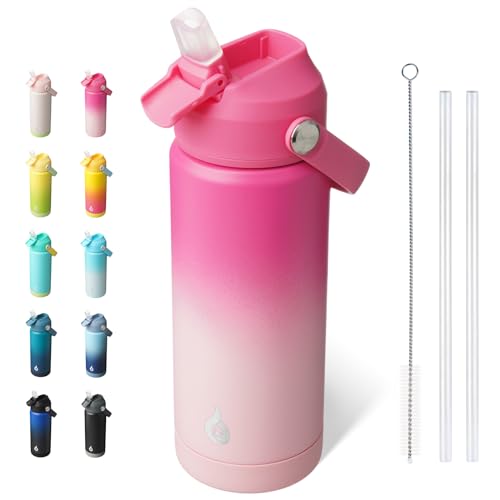 BJPKPK Insulated Water Bottle with Straw Lid, 18oz Thermo Water Bottles with Soft Nozzle, Flex Handle & Non-slip Boot, BPA Free Leak Proof Stainless Steel Metal Thermo, Tumblers, Cups,Cherry - color: Cherry, size: 18 Ounces
