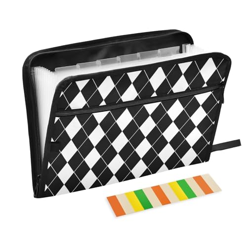 Black White Harlequin Pattern Accordion File Organizer Expanding Document Folder with 13 Pockets Portable File Folder for A4 Letter Size - color: Black White Harlequin Pattern, size: General