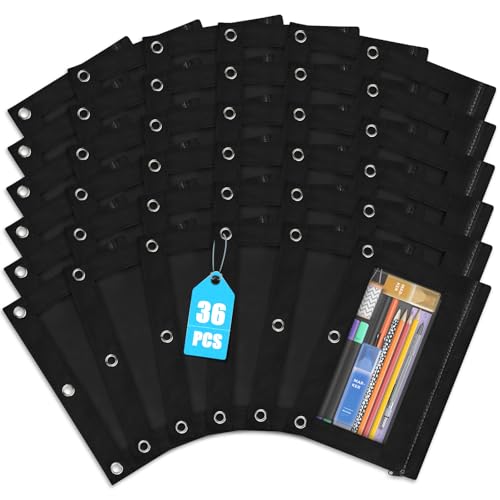 Shemira Pencil Pouch for 3 Ring Binder, 36 Pack Black Pencil Pouches Bulk, Pencil Pouch with Smooth Zipper, Zipper Pencil Pouches, 3 Ring Binder Pencil Pouchs, Clear Window Pencil Case Pouch - color: Black