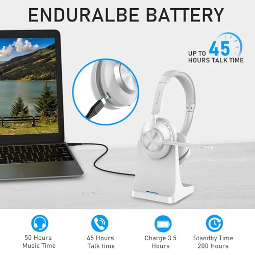 Wireless Headset with Mic for Work, Bluetooth Headphone with Microphone, AI Noise Canceling Mic & Mute, Wireless Headset with USB Dongle & Charging Dock for PC/Cell Phones/Call Center/Teams