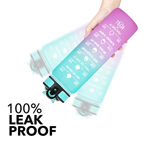 Hyeta Water Bottle with Straw & Time Marker, Plastic 32oz Leakproof | Motivational Tritan BPA Free Gym Office Outdoor Intake Tracker Hourly Reminder Straw Lid Carry Strap - color: Green-Purple