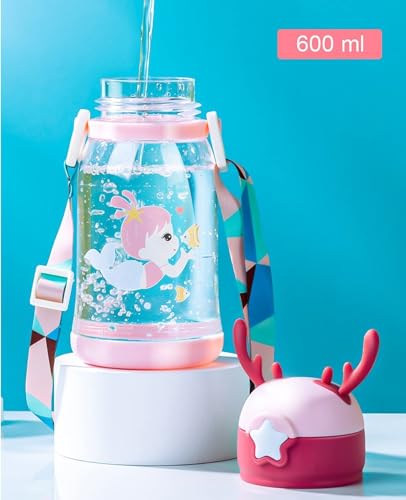 F1rst Impex Water Bottle with Straw and Shoulder Strap for Students and Children (Pink, Pack of 2) - color: Pink