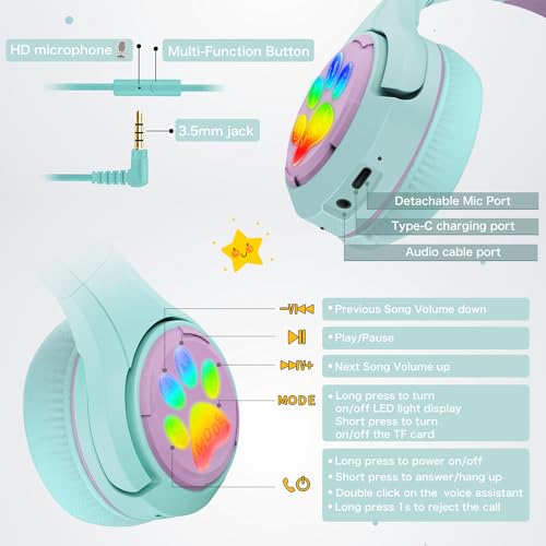 Riwbox CF9 Cat Ear Kids Bluetooth Headphones with LED Light Up,Safe 85dB Volume Limit,Built-in Mic&Boom Mic for Calls,Kids Wireless&Wired Headphones for Tablet/Airplane/School/Online Learning (Green) - color: Green