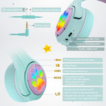 Riwbox CF9 Cat Ear Kids Bluetooth Headphones with LED Light Up,Safe 85dB Volume Limit,Built-in Mic&Boom Mic for Calls,Kids Wireless&Wired Headphones for Tablet/Airplane/School/Online Learning (Green) - color: Green