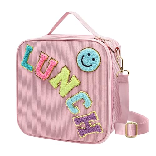Insulated Lunch Bag With Adjustable Shoulder Strap, Cute Corduroy Preppy Lunch Box Large Insulated Lunch Bag Reusable Lunch Tote Bag with Smiley Preppy LunchBag for Girls School Travel Picnic (Pink) - color: Pink