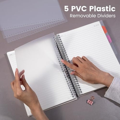 Yoment 5 Subject Notebook College Ruled, 300 Pages Spiral Notebook with Removable Divider Tabs，Hardcover 8 x 10 Inches College Ruled Journal 1 Inner Pocket for School College Work Office Home,Black - color: Black