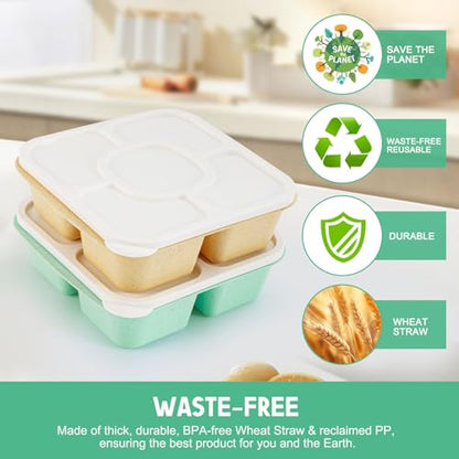 Original Lunchable Snack Containers - 5 Compartments Bento Snack Boxes with 1 Leakproof Small Containers, Wheat Straw, BPA-Free, Set of 2 (Green+Yellow) - color: Green+Yellow
