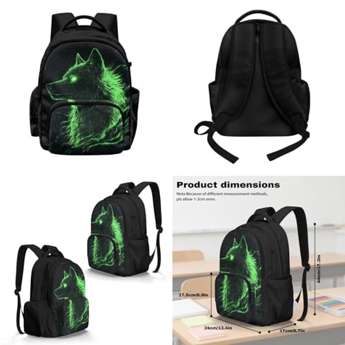 Green Galaxy Wolf Backpack for Girls Boys Backpack with Lunch Box for Boys Set of 4 School Backpacks Matching Combo Back to School Gifts and Pencil Case Pouch for Teens Children Ages 6-12 - color: Cool Green Galaxy Wolf