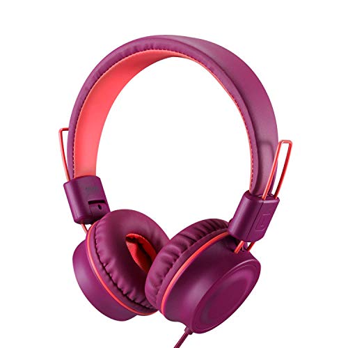noot products K33 Kids Headphones Wired 3.5mm Jack, Foldable, Plum | Stereo Tangle-Free 5ft Long cord, Plug-in, On-Ear Headset for Children, Boys, Girls, iPad, School, Kindle, Travel, Plane - color: Plum