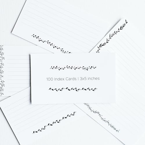 Leaf Garland Index Cards by Pure Print and Design | Floral Flash Cards Perfect For Study Sessions & Learning | 100 Cards of Premium Quality with 5 Different Designs | Black and White | 3x5 inches - color: Black and White