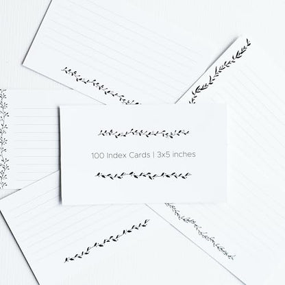 Leaf Garland Index Cards by Pure Print and Design | Floral Flash Cards Perfect For Study Sessions & Learning | 100 Cards of Premium Quality with 5 Different Designs | Black and White | 3x5 inches - color: Black and White