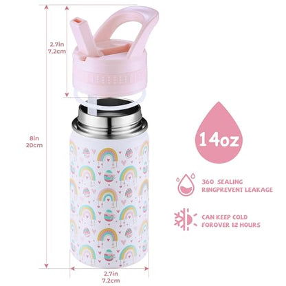 14 Oz Kids Water Bottle, Stainless Steel Water Bottle with Straws, Leak-Proof, BPA-Free, Insulated Water Bottles for School Boys & Girls|White Rainbow - color: White cartoon rainbow