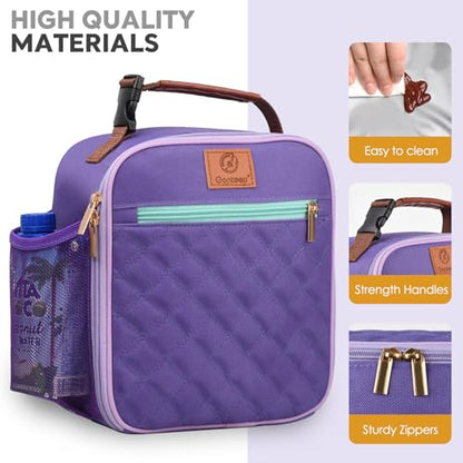 Genteen Kids Lunch Box Insulated Soft Mini Cooler with Bottle Holder, Lightweight Reusable Easy-Clean Lunch bag for Girls, Boys Back to School-purple/White - color: Purple/White