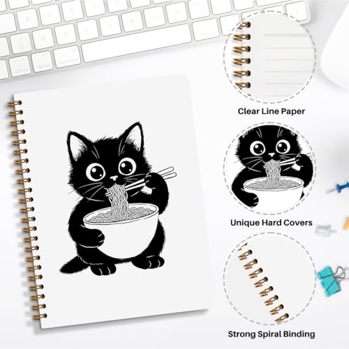 NISTOMISU Ramen Cat Spiral Notebook 5.8x8.3 Inch, Cat Notebooks, Cats Lover Mom Lady Gifts Journals for Writing, Cats Office Supplies, Japanese Noddle Cute Black Kitten Notebooks for Note Taking - color: Cat Eating Ramen