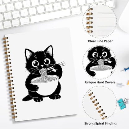 NISTOMISU Ramen Cat Spiral Notebook 5.8x8.3 Inch, Cat Notebooks, Cats Lover Mom Lady Gifts Journals for Writing, Cats Office Supplies, Japanese Noddle Cute Black Kitten Notebooks for Note Taking - color: Cat Eating Ramen