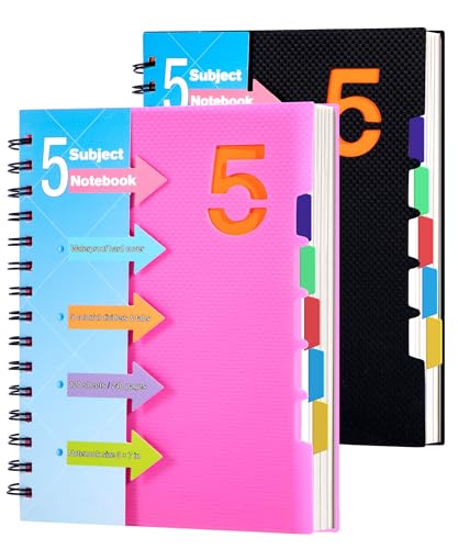 CAGIE 5 Subject Notebook 2 Pack, A5 Small Spiral Notebook with Removable Pocket Dividers Tabs, 240 Pages Spiral Note Book College Ruled for School Work Note taking, Pink&Black - color: Pink&Black, size: A5(6×8in)-2 Pack