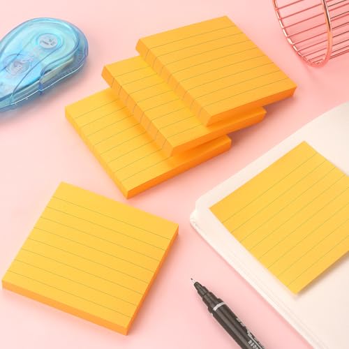 Lined Sticky Notes 3x3 in, Self-Adhesive, 4 Pads, 90 Sheets Each, Orange | Strong Self-Adhesive Backing, Sticks Firmly and Removes Cleanly - color: Orange