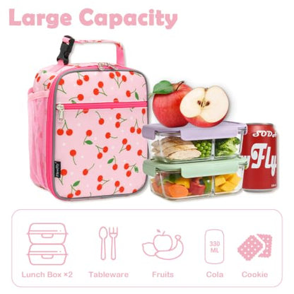 FlowFly Kids Lunch box Insulated Soft Bag Mini Cooler Back to School Thermal Meal Tote Kit for Girls, Boys, Cherry - color: Cherry