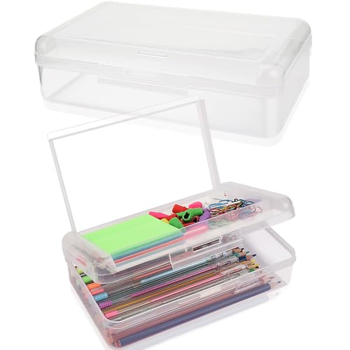 SFLHHDM Large Pencil Box, Double Layer Capacity Pencils Holders, Clear Hard Pen Case with Snap-tight Lid, Plastic Pencil Case for Office School, Pen Boxes Storage School Box (Transparent-1pcs) - color: Transparent-1pcs