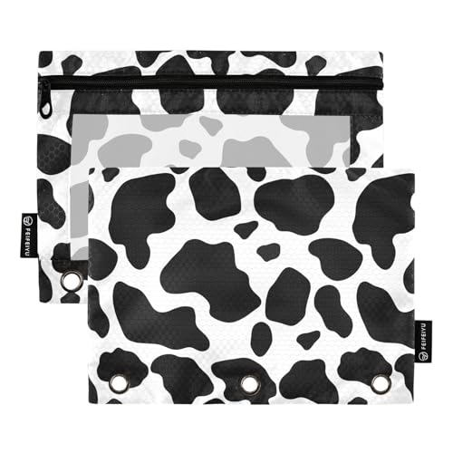 Gredecor Binder Pencil Pouch 3 Ring Black and White Cow Print Zipper Pencil Pouches Case 2 Pack Clear Binder Organizer for School Office - color: Black and White Cow