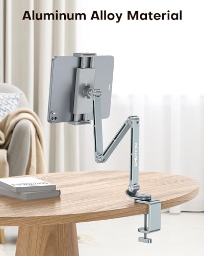 OMOTON GH03 Tablet Holder with 2 ABS Clamps, Aluminum Long Arm Mount, Grey | C-Clamp Base with 360°Rotation Fits Desk, Bed, Side Cabinet, Kitchen, Adjustable Tablet Stand for 4-13" iPad Pro/iPhone - color: Grey
