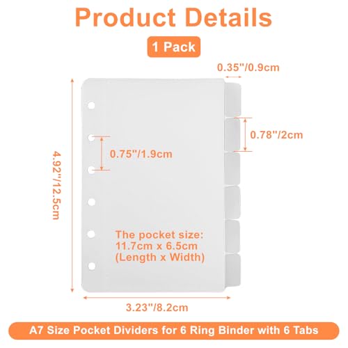 1 Pack A7 Pocket Dividers for 6 Ring Binder with 6 Tabs, Clear Side Open Organizer Sleeves for Cash, Cards, Photos - size: A7