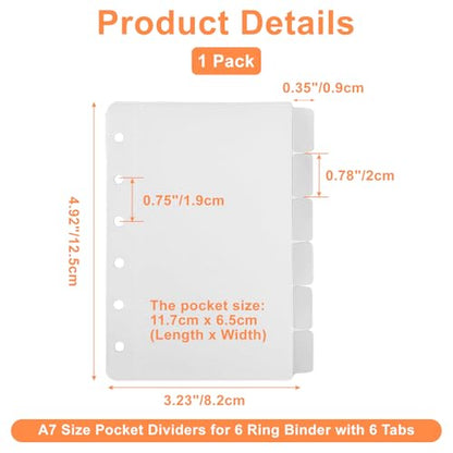 1 Pack A7 Pocket Dividers for 6 Ring Binder with 6 Tabs, Clear Side Open Organizer Sleeves for Cash, Cards, Photos - size: A7