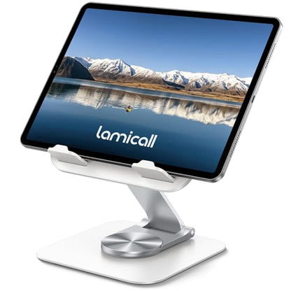 Lamicall Adjustable iPad Stand for Desk, Ultra-Slim Foldable, 360° Rotation | [Foldable Ultra-Slim][ 360°Rotation Base] Heavy-Duty Tablet Holder Stand for 4.7-13" iPad Pro Air Mini E-Reader Kindle Tabs - color: White