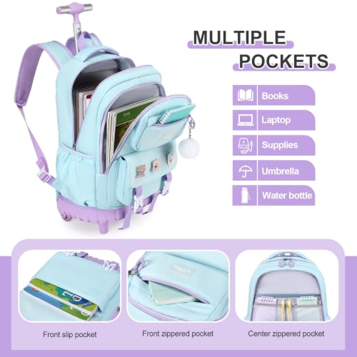 3-IN-1 Rolling Backpack for Girls with Lunch Bag Pencil case, Kawaii Backpack with Wheels for Girls, Roller School Bag with Wheels for Teen Elementary School Bookbags with Cute Pins Aquamarine-Purple - color: Aquamarine-purple