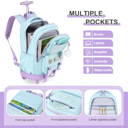 3-IN-1 Rolling Backpack for Girls with Lunch Bag Pencil case, Kawaii Backpack with Wheels for Girls, Roller School Bag with Wheels for Teen Elementary School Bookbags with Cute Pins Aquamarine-Purple - color: Aquamarine-purple