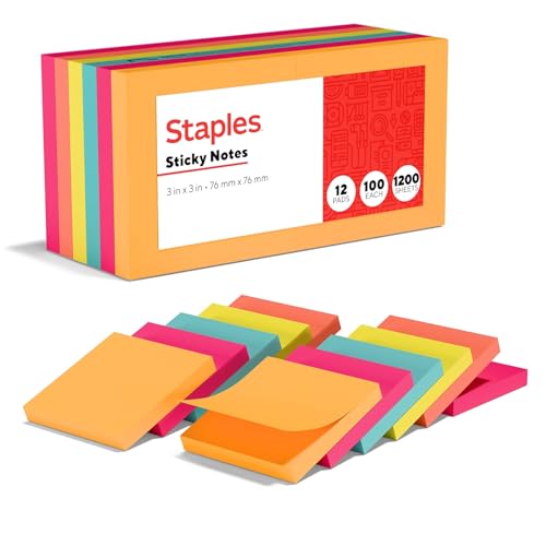 Staples Sticky Notes, 3" x 3", Bright Colors, 1200 Sheets – Vibrant Self‑Stick Notes for Reminders, Planning & Collaboration - size: 3'' x 3'', style: 12 Pack (Bright)
