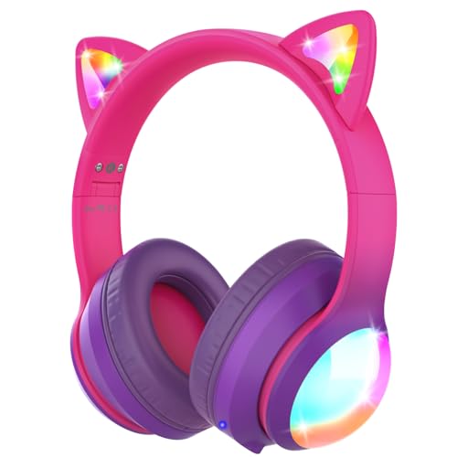 FosPower Kids Bluetooth 5.2 Headphones with LED Cat Ears (85/94dB Safe Volume Limit) Foldable Wireless or Wired Headset with 100hr Play Time and 3.5mm Cable for School/Travel - Hot Pink/Purple - color: 04 - Hot Pink/Purple (Bluetooth)