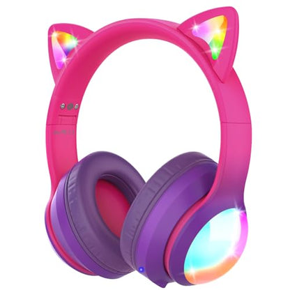 FosPower Kids Bluetooth 5.2 Headphones with LED Cat Ears (85/94dB Safe Volume Limit) Foldable Wireless or Wired Headset with 100hr Play Time and 3.5mm Cable for School/Travel - Hot Pink/Purple - color: 04 - Hot Pink/Purple (Bluetooth)
