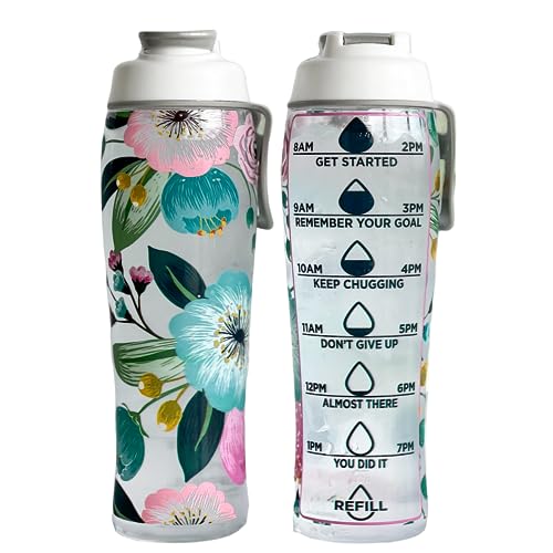 50 Strong | Water Bottle with Time Marker, 30 oz, Pretty Flowers - color: Pretty Flowers