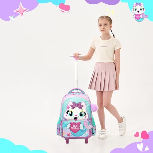 Cute Cat Rolling Backpack with Wheels for Elementary Preschool Students Kids Travel Luggage Carry on Backpack for Girls Ages 6-8 - color: 01 Mermaid Cat