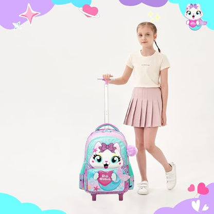 Cute Cat Rolling Backpack with Wheels for Elementary Preschool Students Kids Travel Luggage Carry on Backpack for Girls Ages 6-8 - color: 01 Mermaid Cat