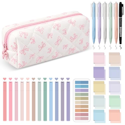 Jutom 39 Pcs Aesthetic Book Annotation Kit Highlighter with Case Bag Gel Pen Transparent Sticky Note Taking Bible Supplies(Pink,Bow Style) - color: Pink, style: Bow Style