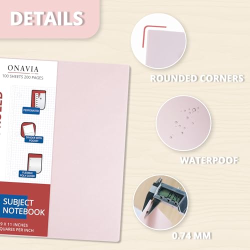 ONAVIA 1 Subject Graph Paper Spiral Notebook 3 Pack, 200 Pages | 100 Sheets, 9 x 11 in, Waterproof Plastic Cover, Durable, 3-Hole Punched, Divider, Double-Sided Pocket - color: Black, Purple, Beige