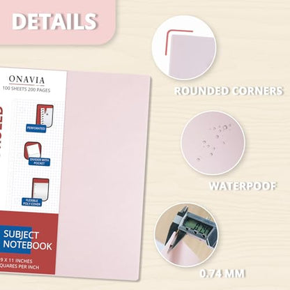 ONAVIA 1 Subject Graph Paper Spiral Notebook 3 Pack, 200 Pages | 100 Sheets, 9 x 11 in, Waterproof Plastic Cover, Durable, 3-Hole Punched, Divider, Double-Sided Pocket - color: Black, Purple, Beige