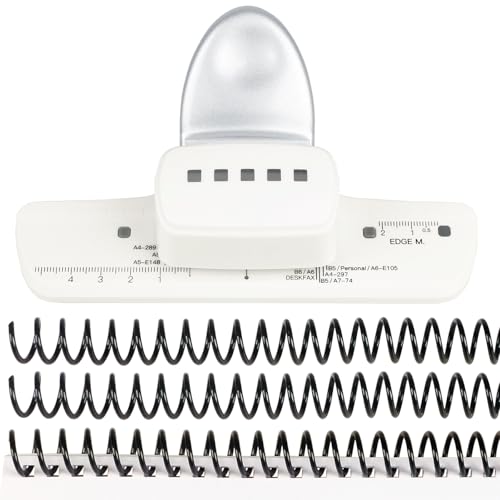 5-Hole Punch Square Paper Punch Manual Book Binding Machine with 20PCS 3:1 Pitch Plastic Spiral Binding Coils for Planners, Notebooks, Journals or Scrapbooks (Silver and White)