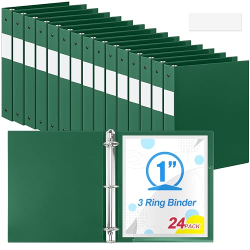 Henoyso 24 Pack 1 Inch 3 Ring Plastic Binders, Bulk Flexible PP Binders for Classroom & School Supplies, Letter Size 8.5 x 11, Holds 240 Sheets with Interior Pocket (Dark Green) - color: Dark Green