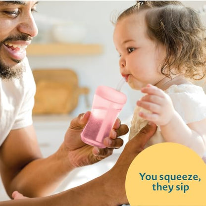 The First Years Squeeze & Sip Toddler Straw Cups - Squeezable Transition Sippy Cup with Silicone Straw - Toddler Feeding Supplies - Pink/Purple/Blue - 7 Oz - 3 Count - Ages 6 Months and Up - color: Pink/Purple/Blue