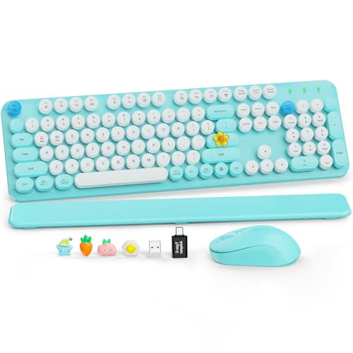 Wireless Keyboard and Mouse Combo, Full-Size Retro Typewriter Keyboard with Round Keycaps, Magnetic Wrist Rest, Tilt Legs, 2.4GHz Cordless for Mac, Windows PC, Laptop, SABLUTE CK23, Robin Egg Blue - color: Robin Egg Blue