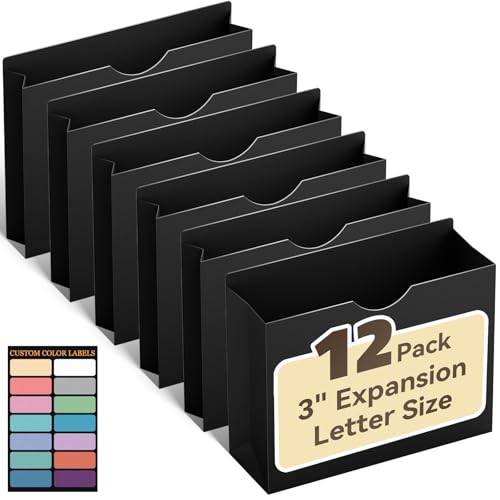 ANSOOK Manila File Jackets & File Pockets Letter Size,Reinforced Straight Cut Tab,Heavy Duty 3" Expansion Manila Folders,Designed for Use in Standard Hanging Files,12 Pack Project File Jackets - color: Black, size: 3" Expansion